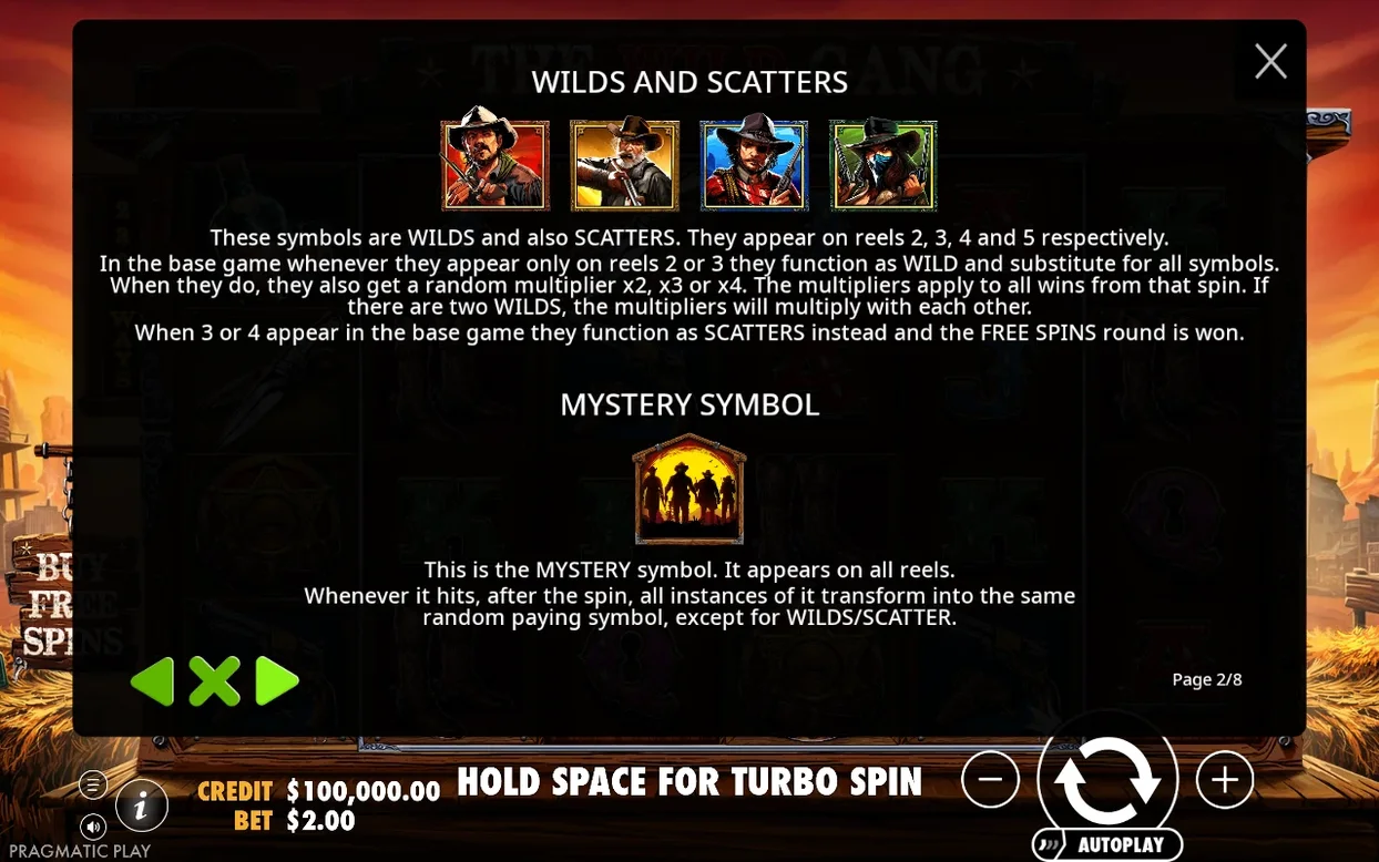 Ekran zasad: cztery postacie dzikiego zachodu jako Wild/Scatter oraz symbol Mystery, strona 2/8.